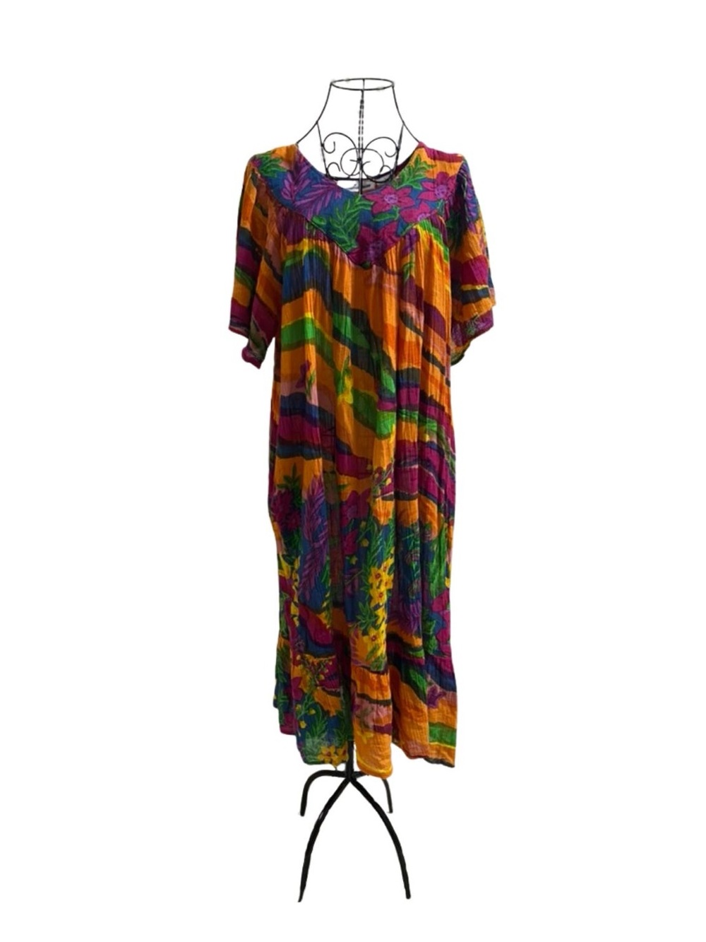 Maxi Kaftan Dress Women Large Cotton Summer Short Sleeve Orange Floral Vibrant - Picture 2 of 7